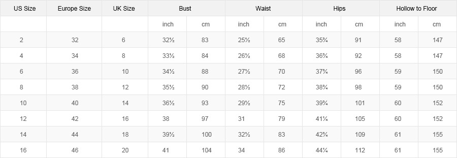 Formal Dress Size Chart